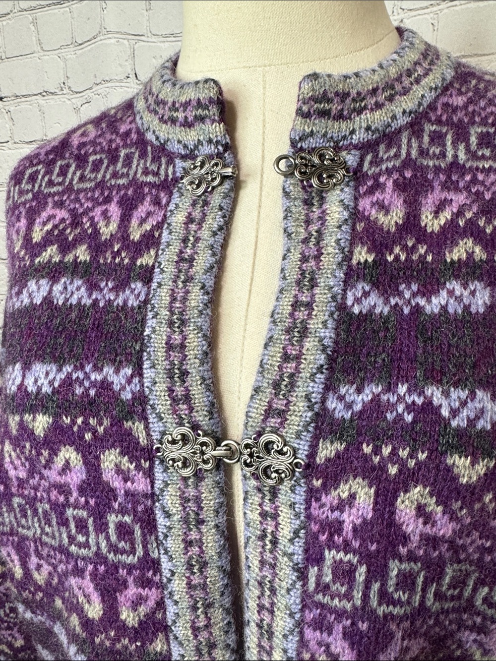Y2K Eagle’s Eye Wool Fair Isle Hook Cardigan Purple Size Small S, M - Picture 9 of 11